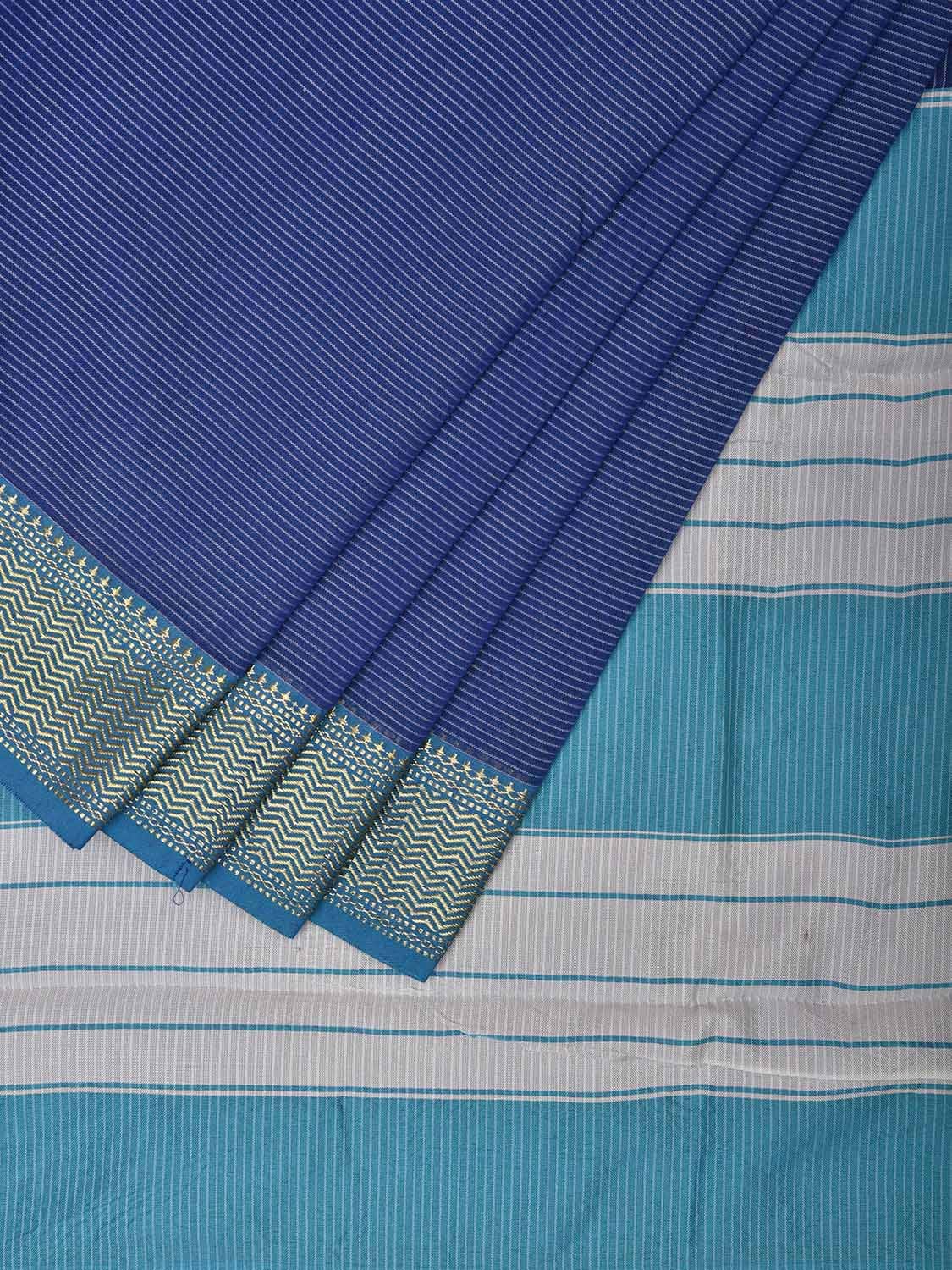 Dark Blue and Light Blue Bamboo Cotton Saree with Strips and Contrast Pallu Design No Blouse bc0570