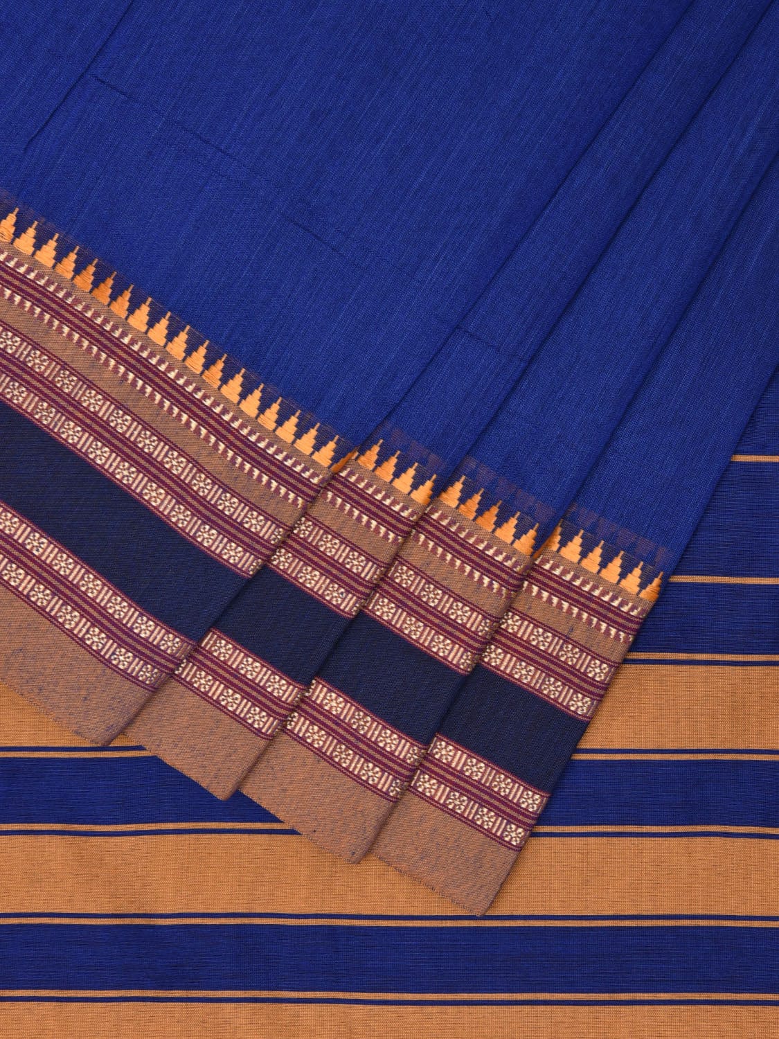 Dark Blue and Mustard Bamboo Cotton Plain Saree with Strips Pallu Design No Blouse bc0603