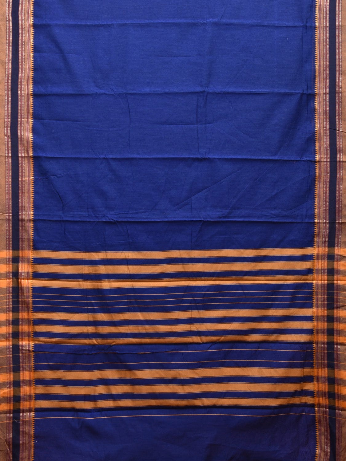 Dark Blue and Mustard Bamboo Cotton Plain Saree with Strips Pallu Design No Blouse bc0603