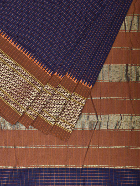 Dark Blue and Mustard Bamboo Cotton Saree with Checks Design No Blouse bc0780