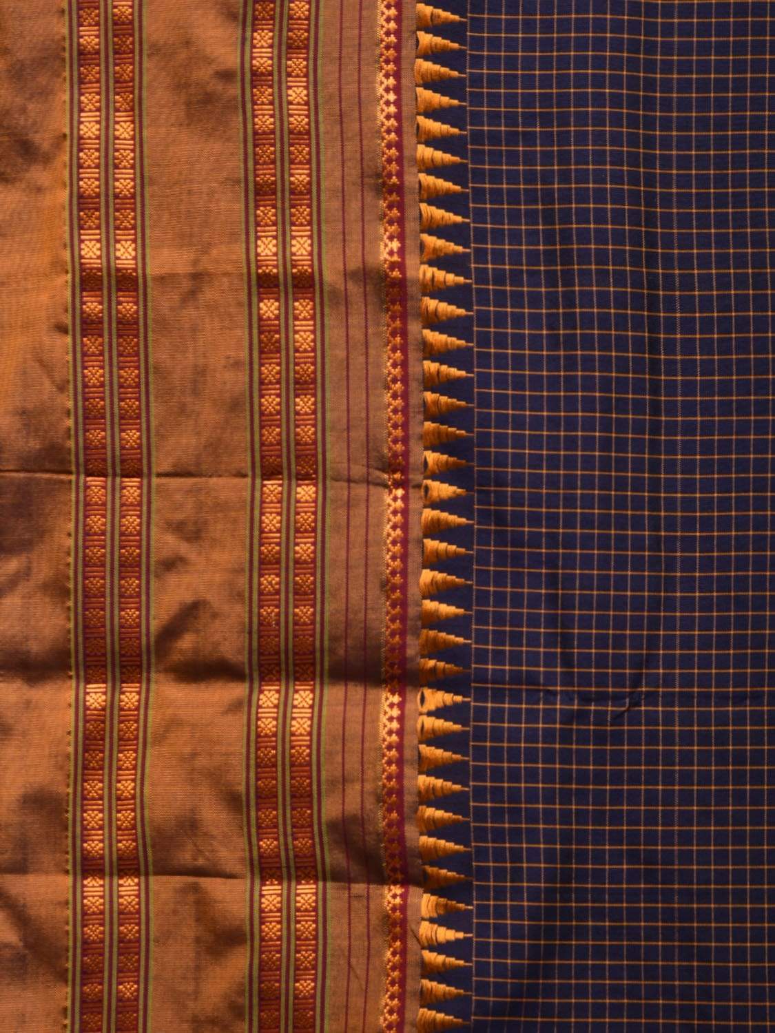 Dark Blue and Mustard Narayanpet Silk Handloom Saree with Checks Design No Blouse np0439