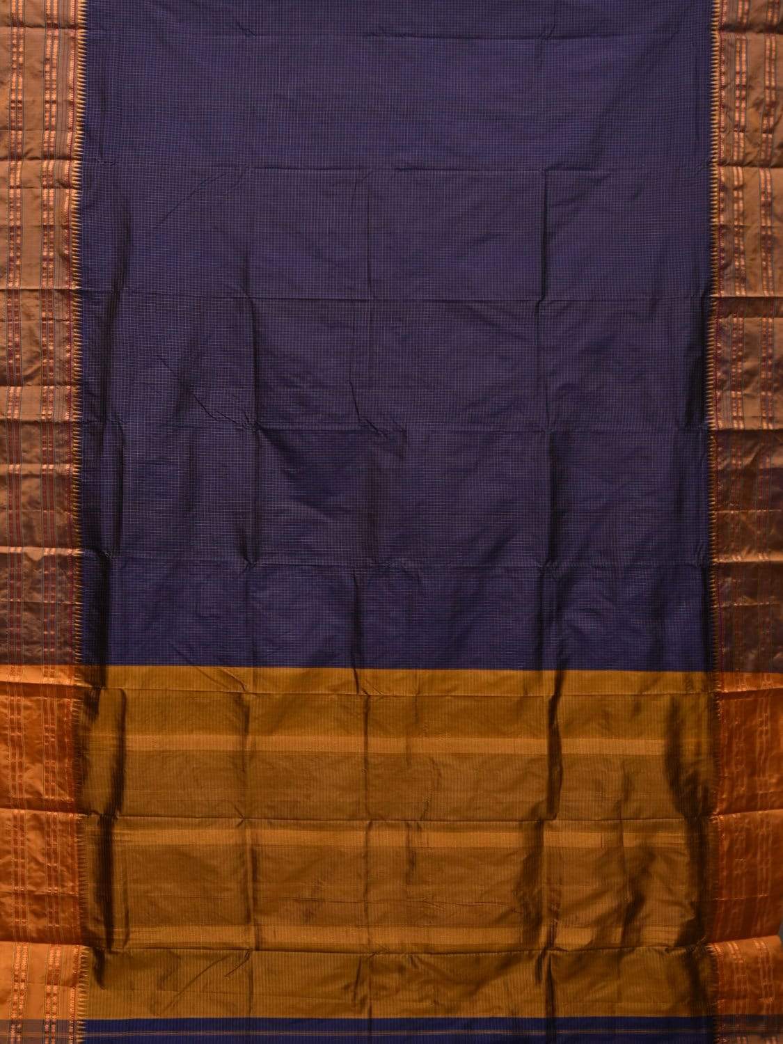 Dark Blue and Mustard Narayanpet Silk Handloom Saree with Checks Design No Blouse np0439