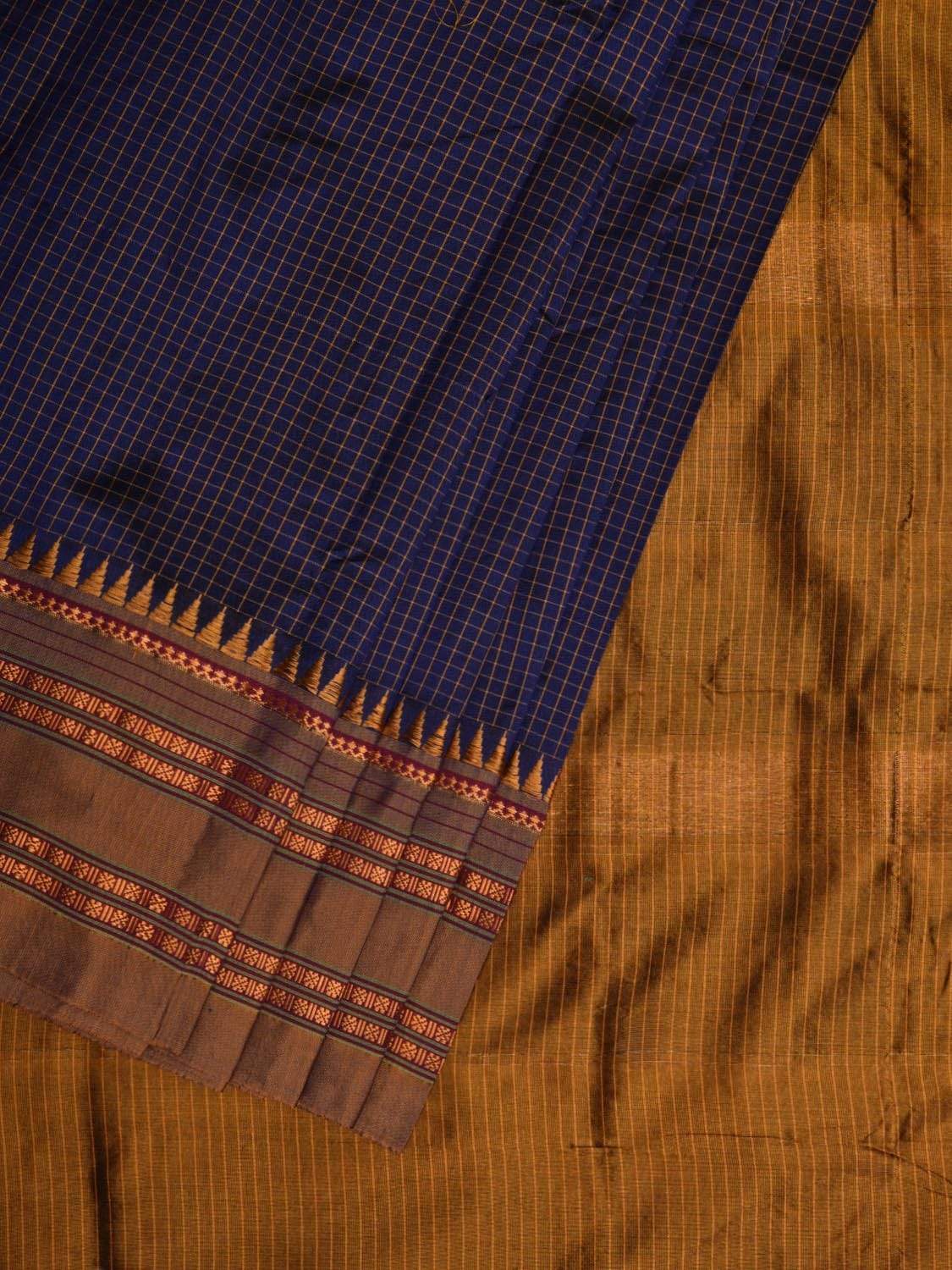 Dark Blue and Mustard Narayanpet Silk Handloom Saree with Checks Design No Blouse np0439