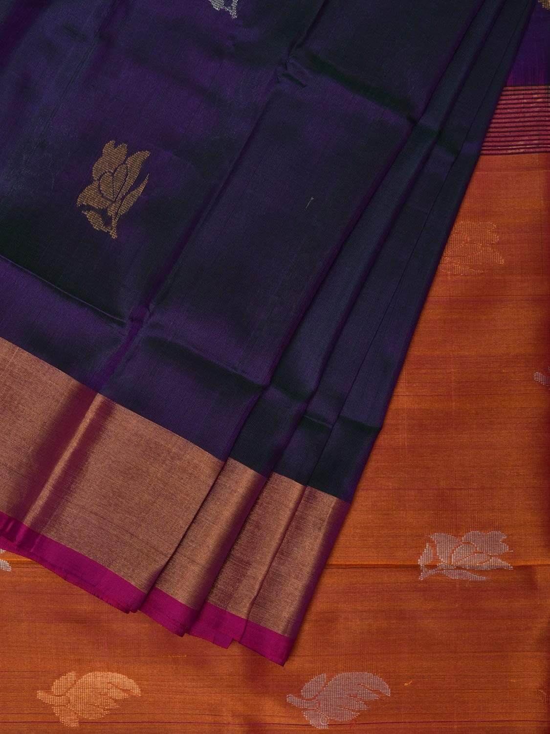 Dark Blue and Mustard Uppada Silk Handloom Saree with Body Buta Design u1783