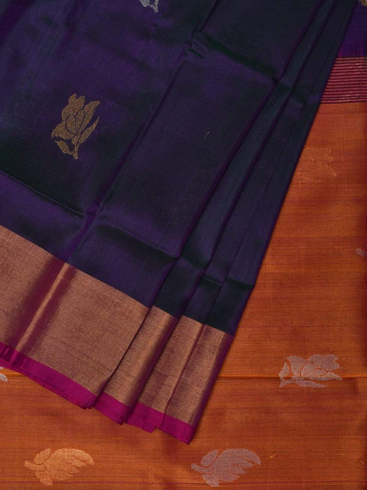 Dark Blue and Mustard Uppada Silk Handloom Saree with Body Buta Design u1783