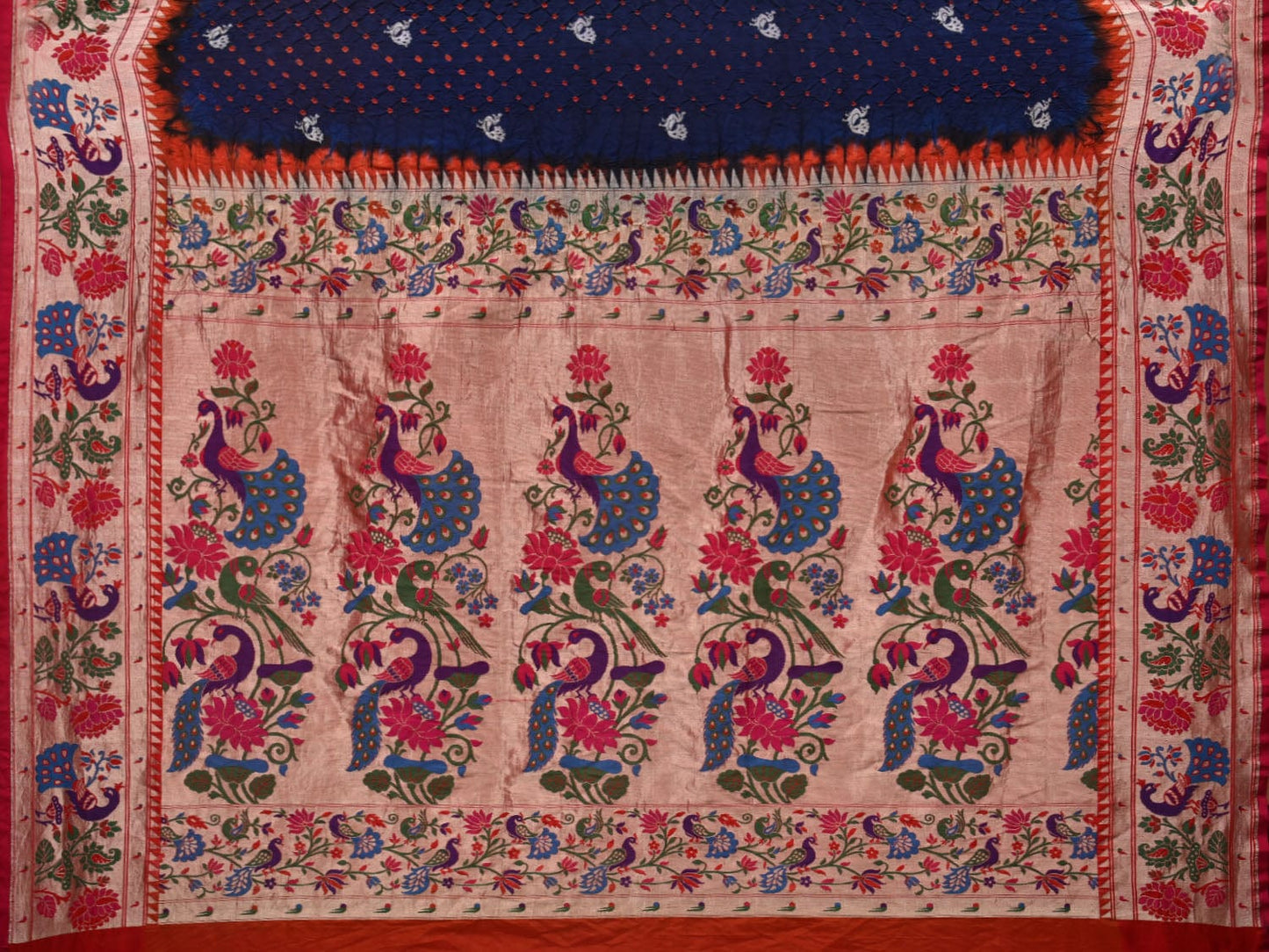 Dark Blue and Orange Bandhani Paithani Silk Handloom Saree with Border Design bn0365