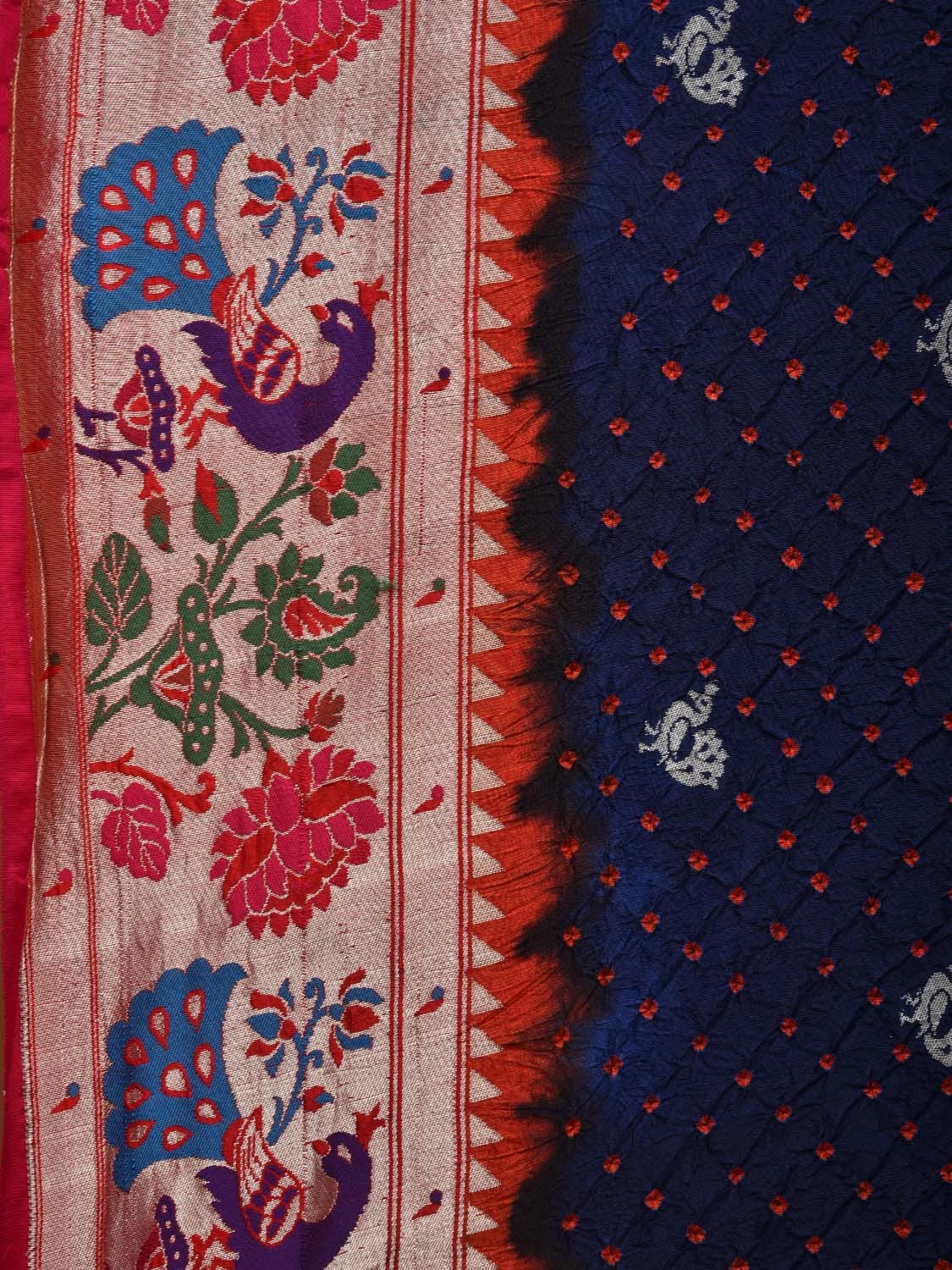 Dark Blue and Orange Bandhani Paithani Silk Handloom Saree with Border Design bn0365