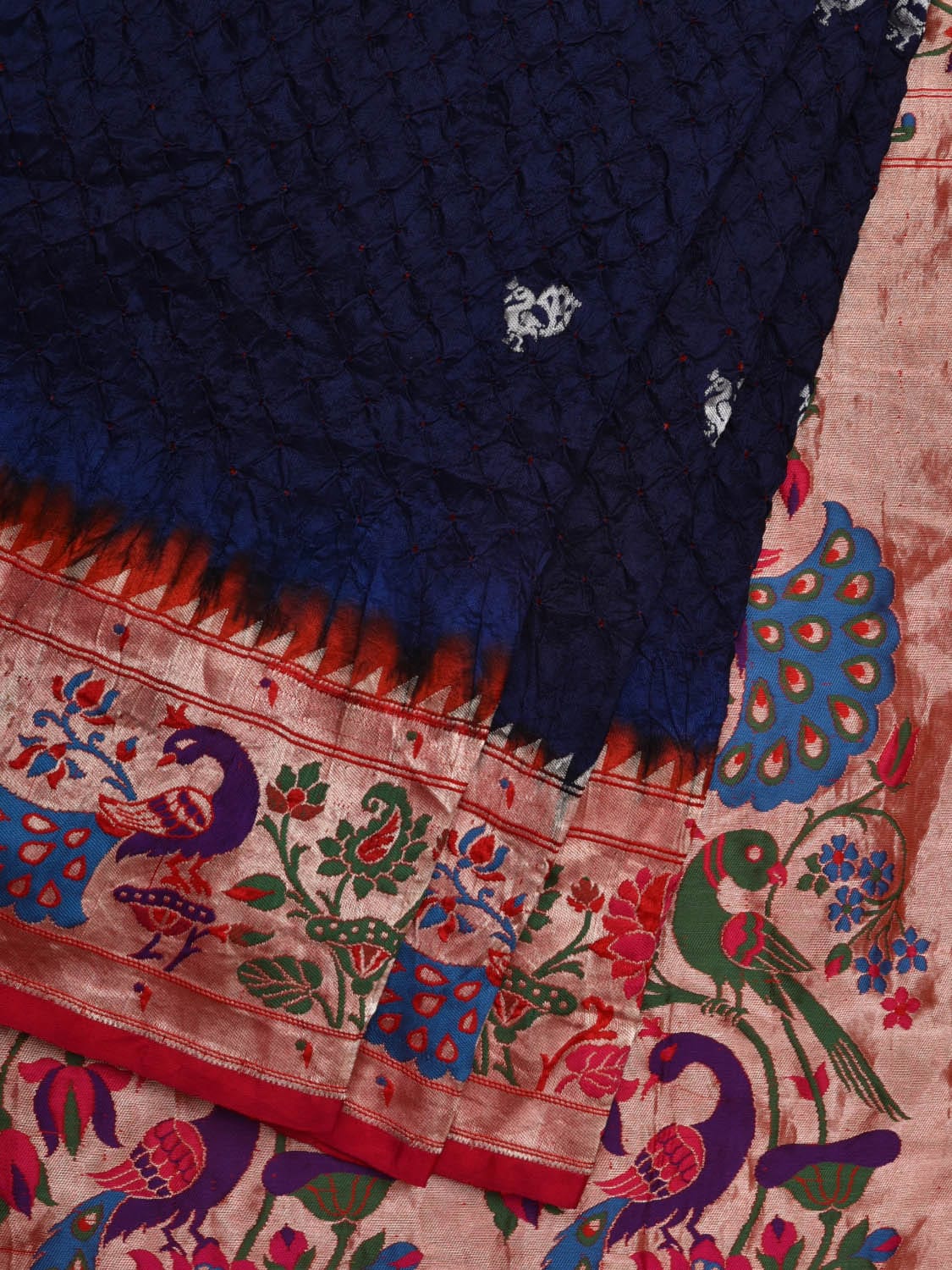 Dark Blue and Orange Bandhani Paithani Silk Handloom Saree with Border Design bn0365