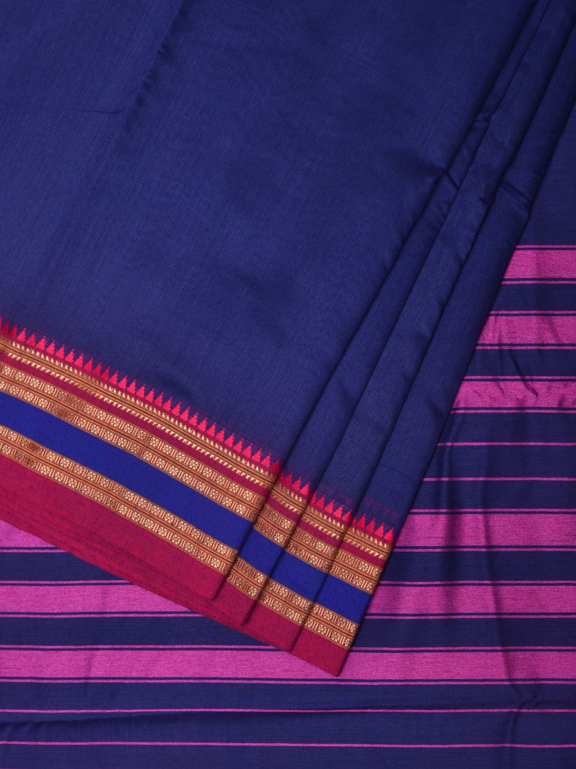 Dark Blue and Pink Bamboo Cotton Plain Saree with Strips Pallu Design No Blouse bc0227