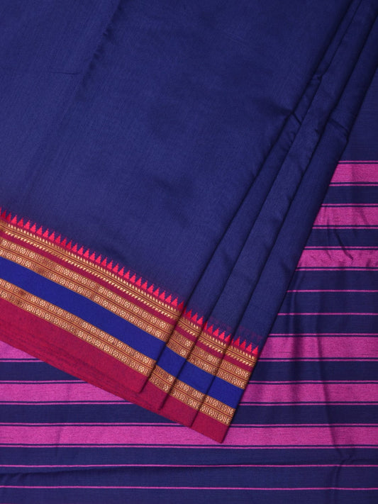 Dark Blue and Pink Bamboo Cotton Plain Saree with Strips Pallu Design No Blouse bc0227