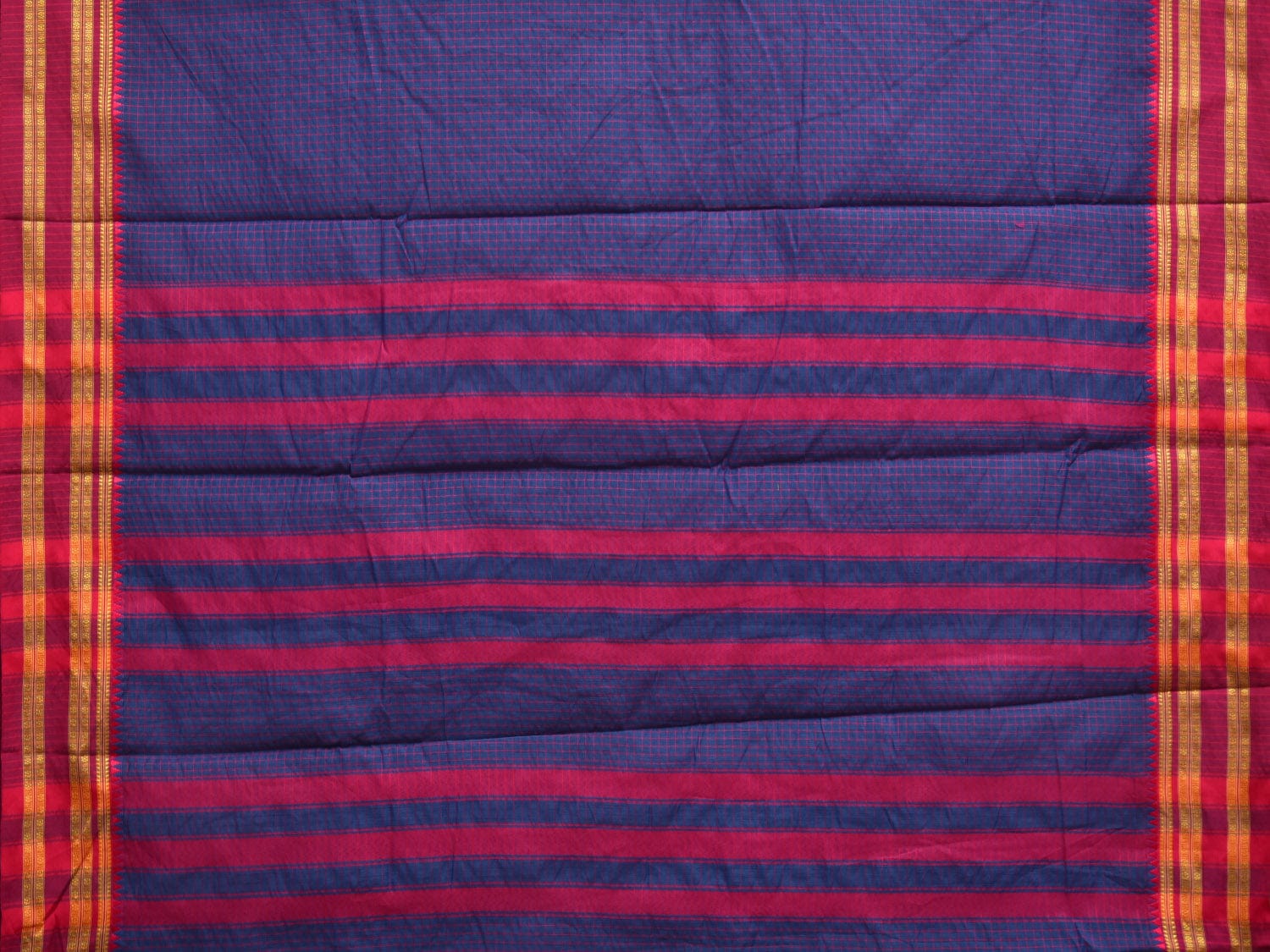 Dark Blue and Pink Bamboo Cotton Saree with Checks Design No Blouse bc0286