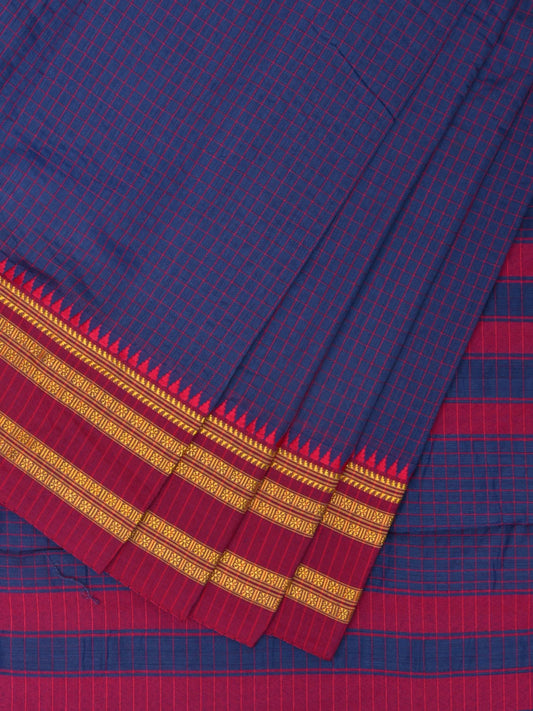 Dark Blue and Pink Bamboo Cotton Saree with Checks Design No Blouse bc0286