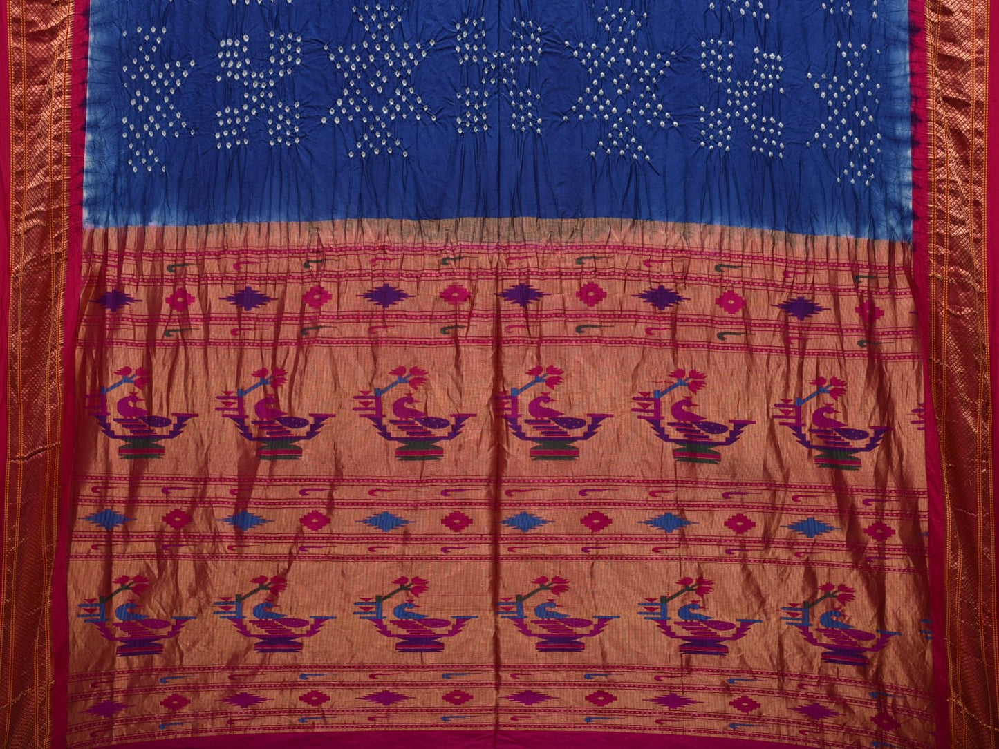 Dark Blue and Pink Bandhani Paithani Silk Handloom Saree with Pallu Design bn0454