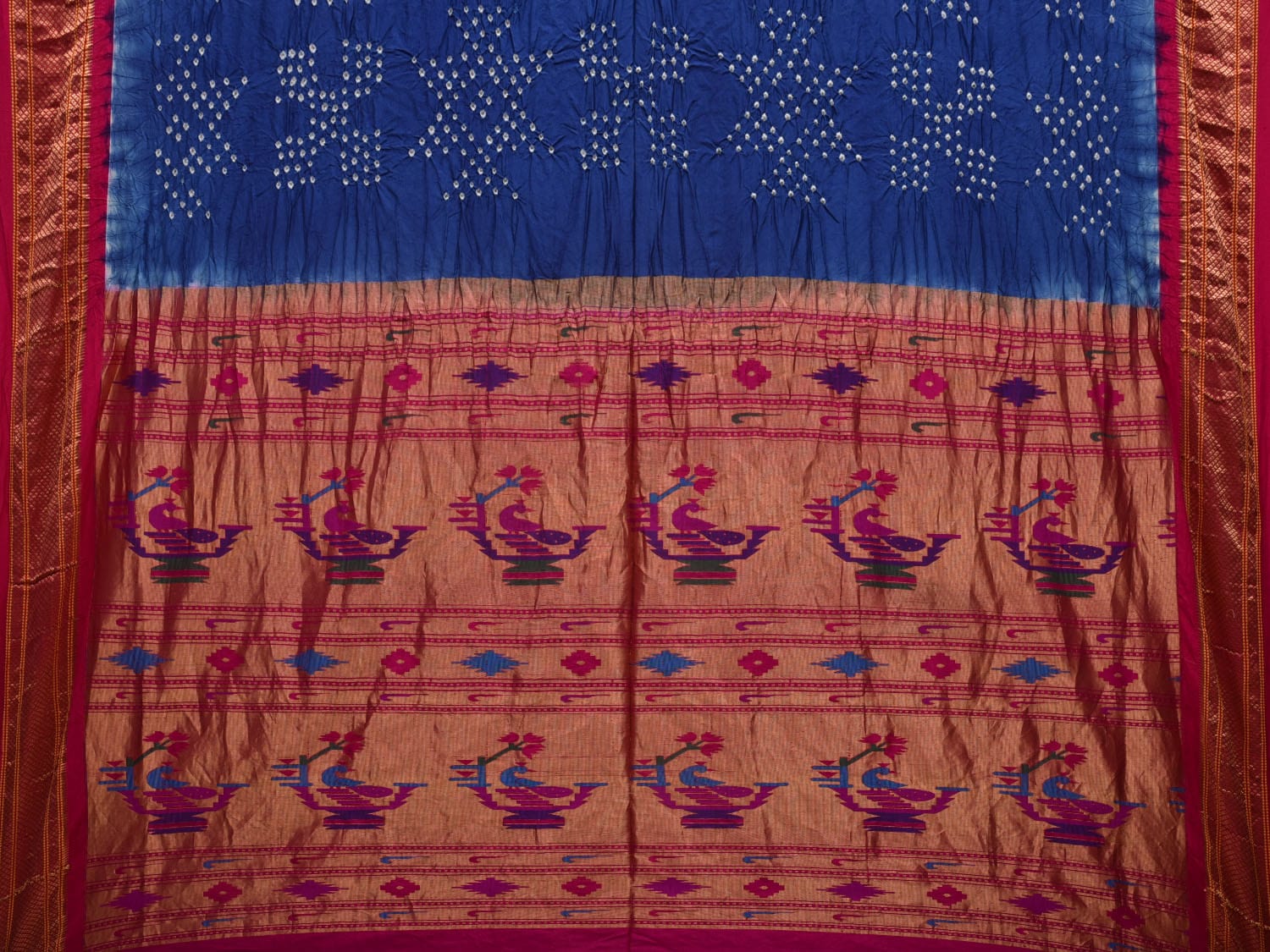 Dark Blue and Pink Bandhani Paithani Silk Handloom Saree with Pallu Design bn0454