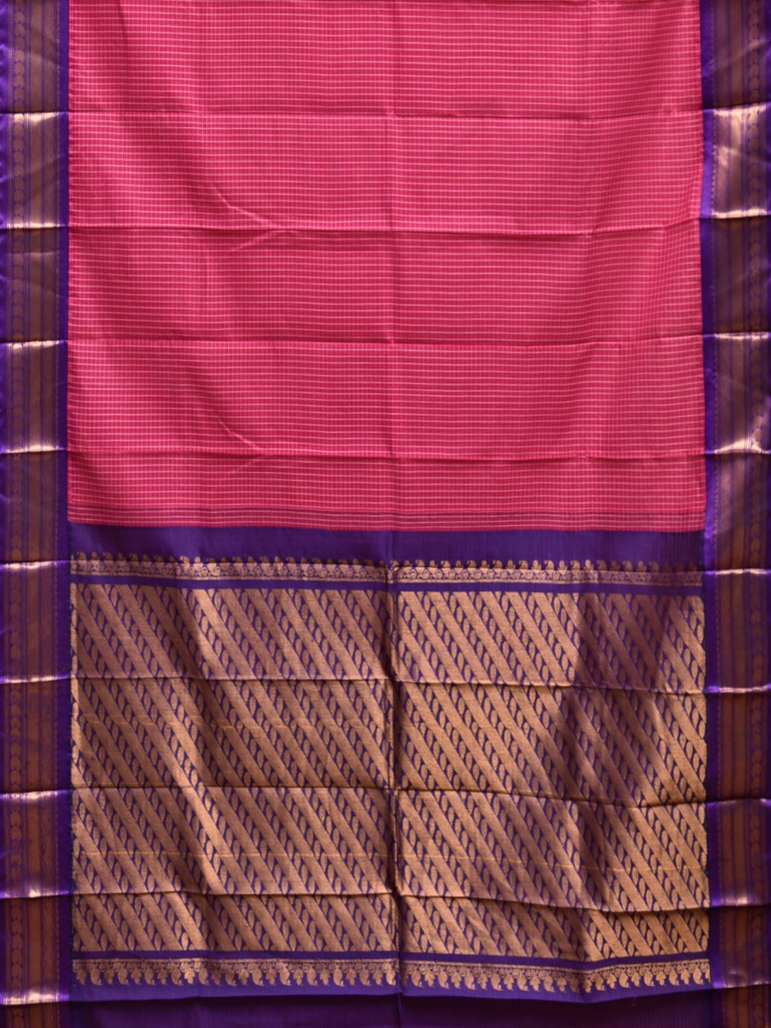 Dark Blue and Pink Gadwal Cotton Viscose Saree with Checks and Pallu Design No Blouse g0473