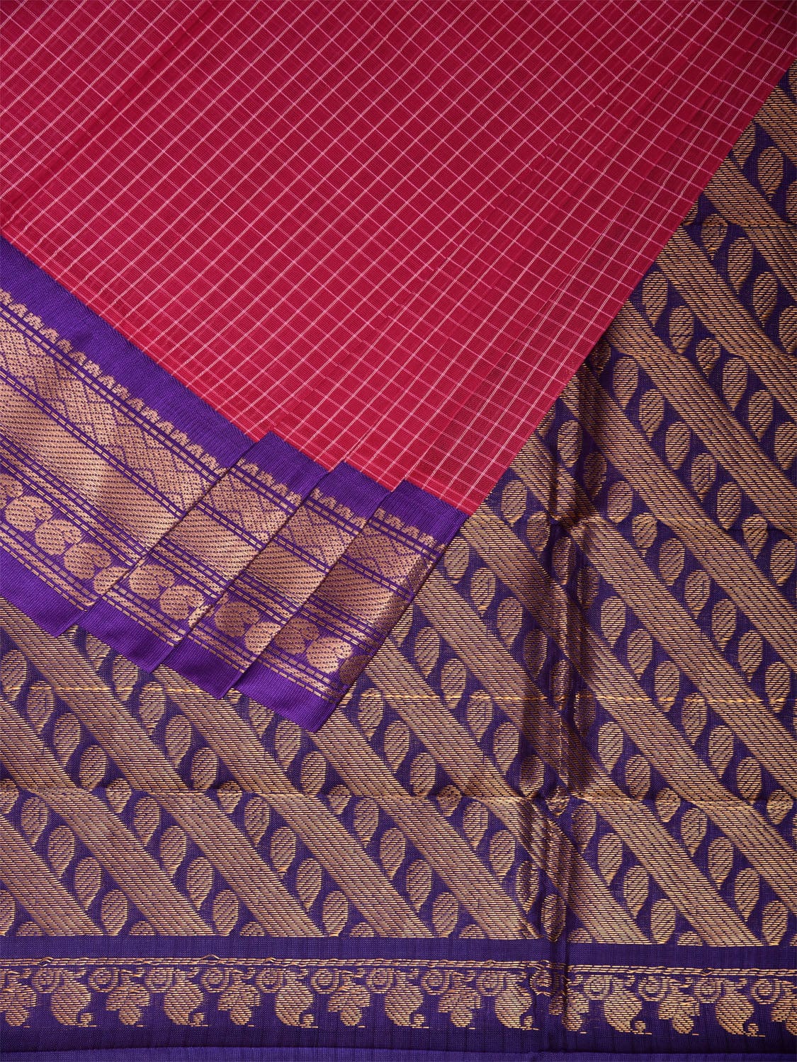 Dark Blue and Pink Gadwal Cotton Viscose Saree with Checks and Pallu Design No Blouse g0473