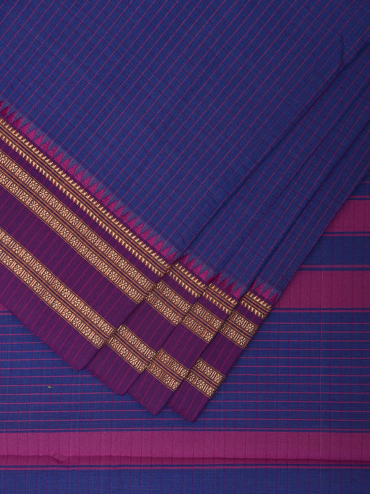 Dark Blue and Purple Bamboo Cotton Saree with Checks Design No Blouse bc0346
