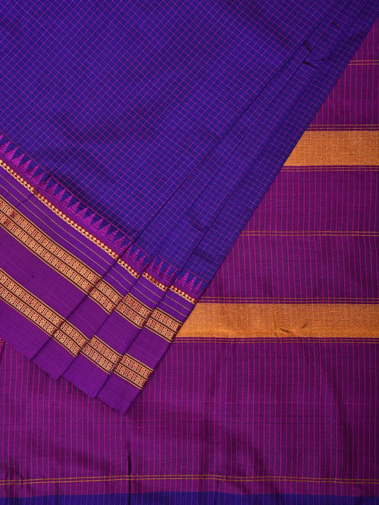 Dark Blue and Purple Narayanpet Silk Handloom Saree with Checks Design No Blouse np1035