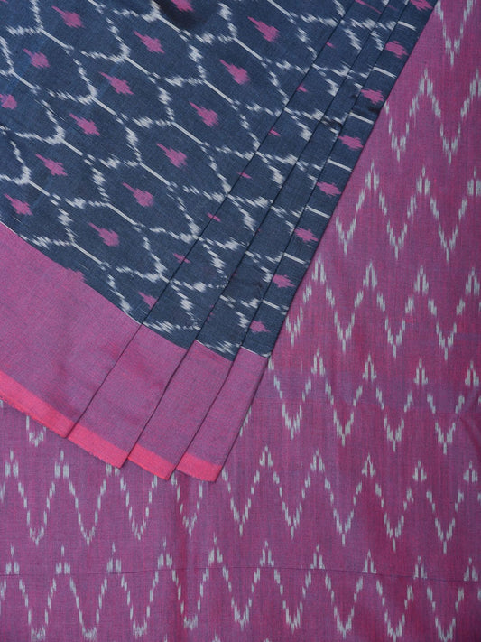 Dark Blue and Purple Pcohampally Single Ikat Cotton Handloom Saree with Grill Design No Blouse i0750