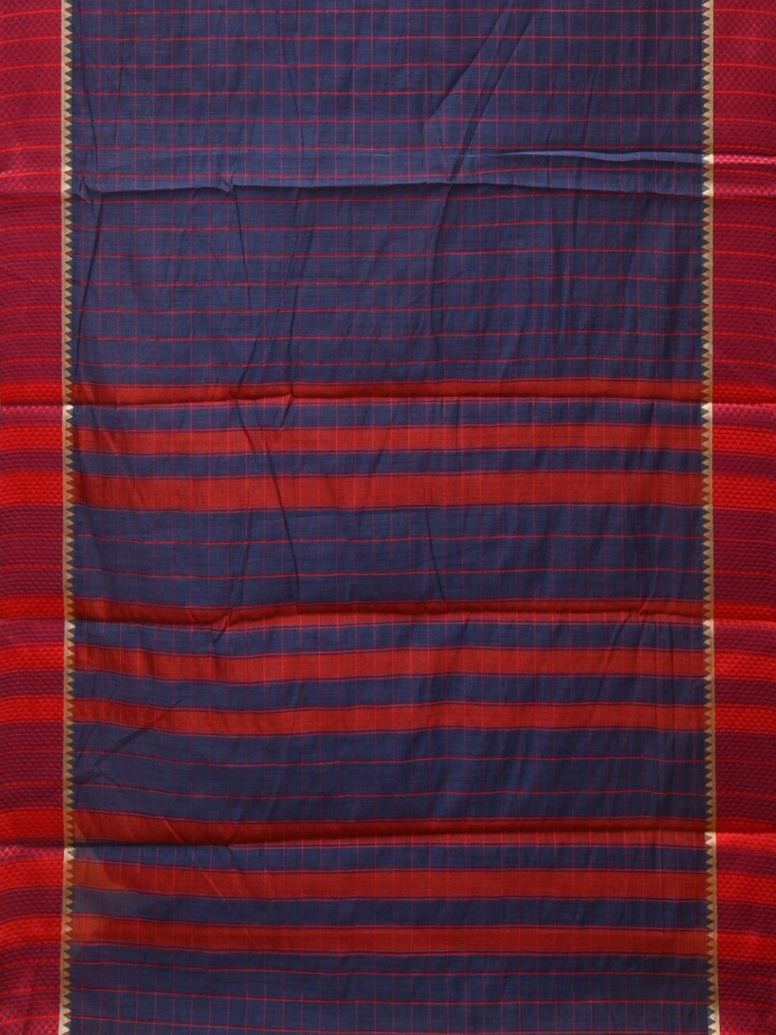 Dark Blue and Red Bamboo Cotton Saree with Big Checks Design No Blouse bc0258