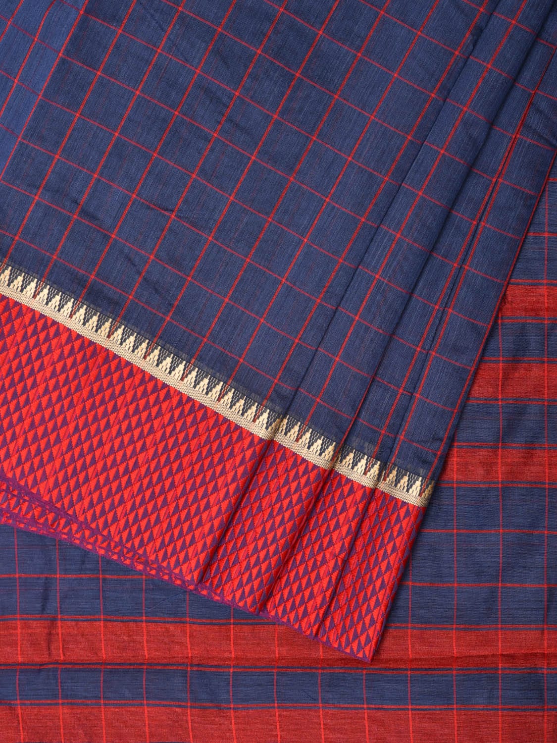 Dark Blue and Red Bamboo Cotton Saree with Big Checks Design No Blouse bc0258