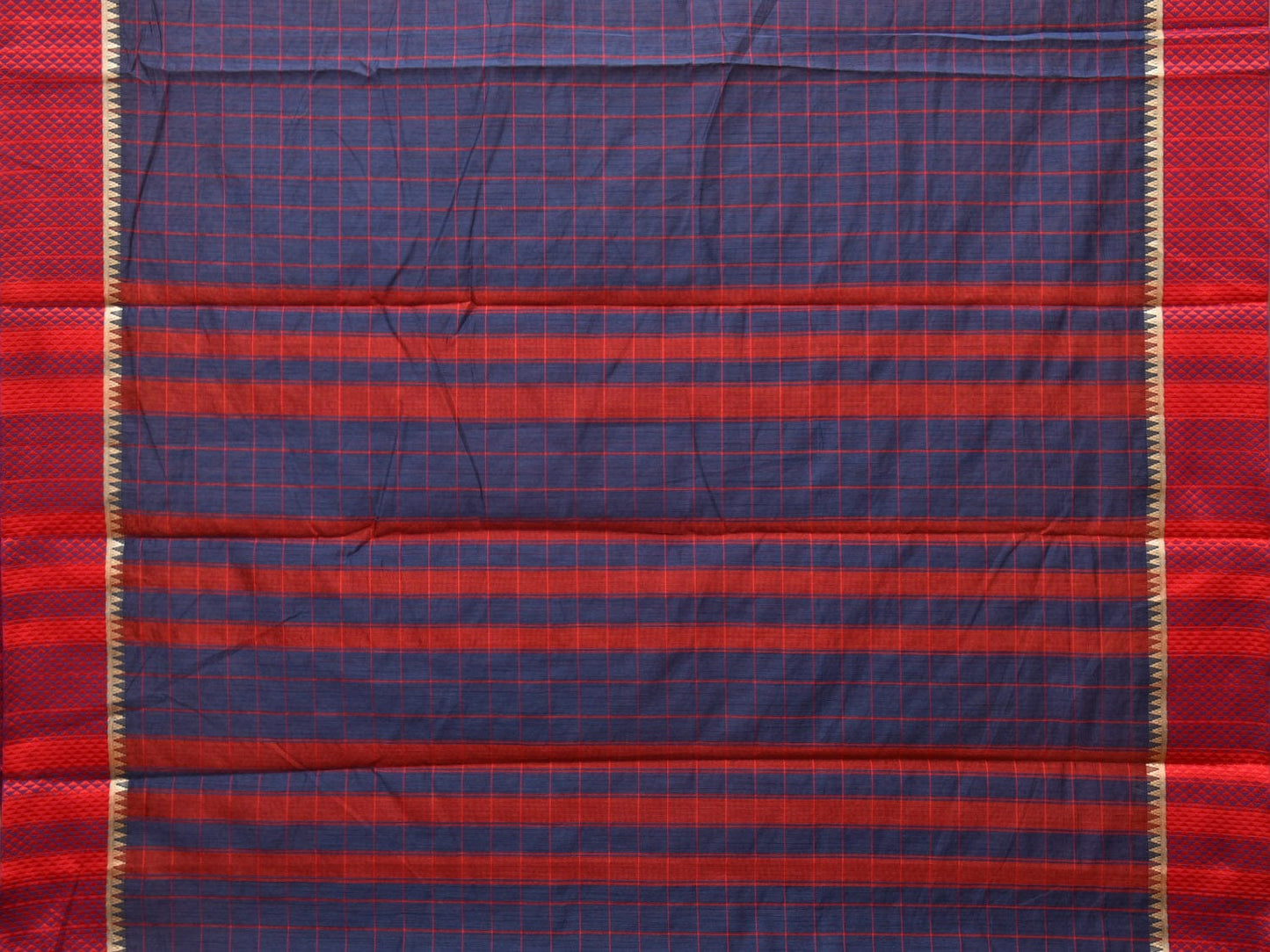 Dark Blue and Red Bamboo Cotton Saree with Big Checks Design No Blouse bc0258