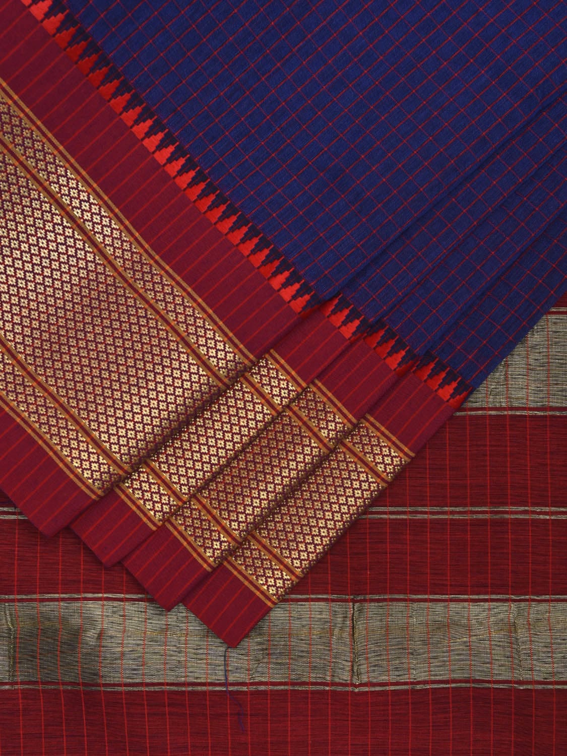 Dark Blue and Red Bamboo Cotton Saree with Checks Design No Blouse bc0330