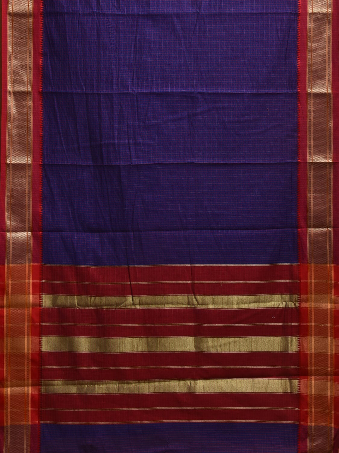 Dark Blue and Red Bamboo Cotton Saree with Checks Design No Blouse bc0330