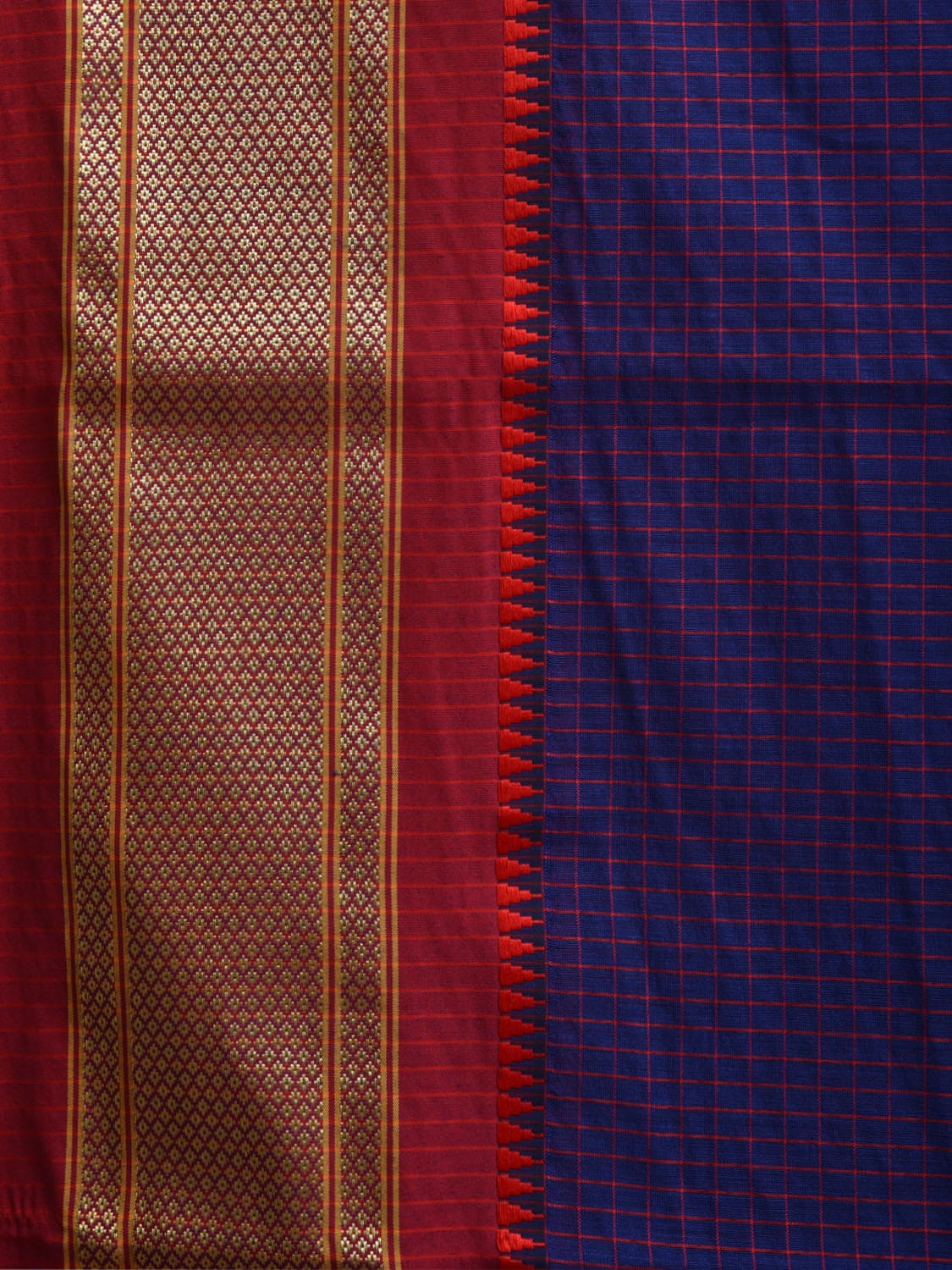 Dark Blue and Red Bamboo Cotton Saree with Checks Design No Blouse bc0330