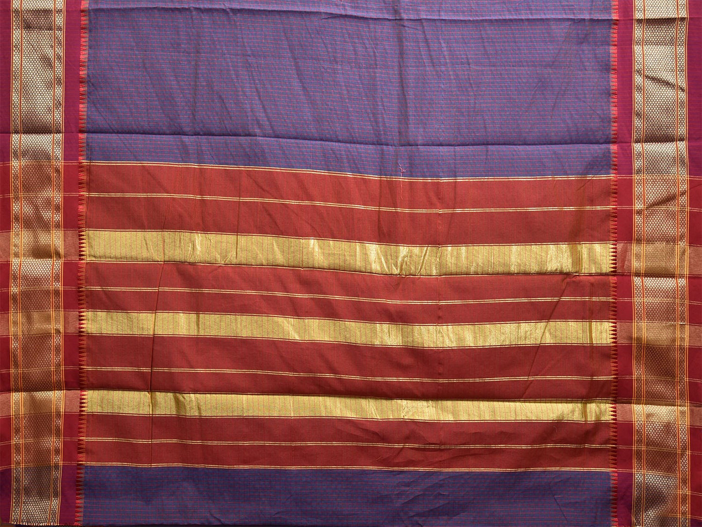 Dark Blue and Red Bamboo Cotton Saree with Checks Design No Blouse bc0488