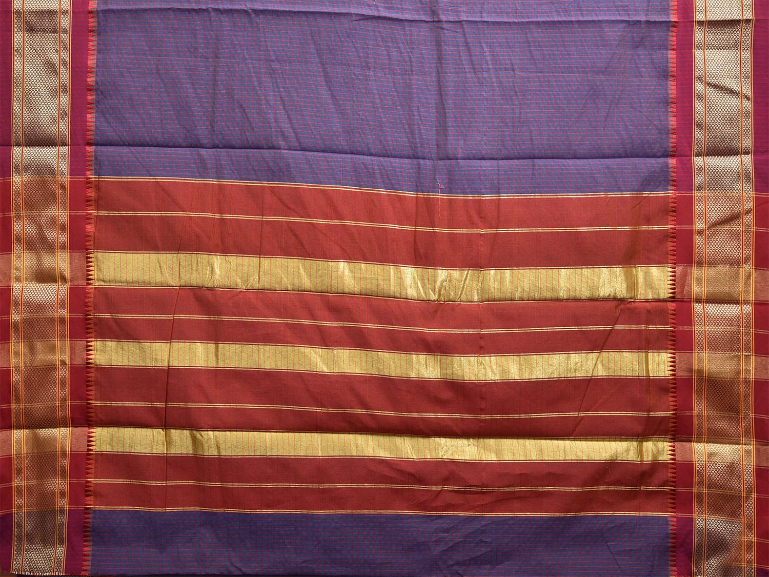 Dark Blue and Red Bamboo Cotton Saree with Checks Design No Blouse bc0488