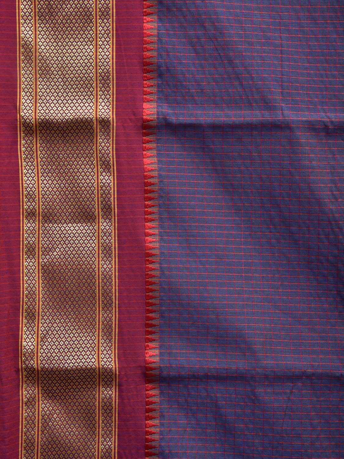 Dark Blue and Red Bamboo Cotton Saree with Checks Design No Blouse bc0488
