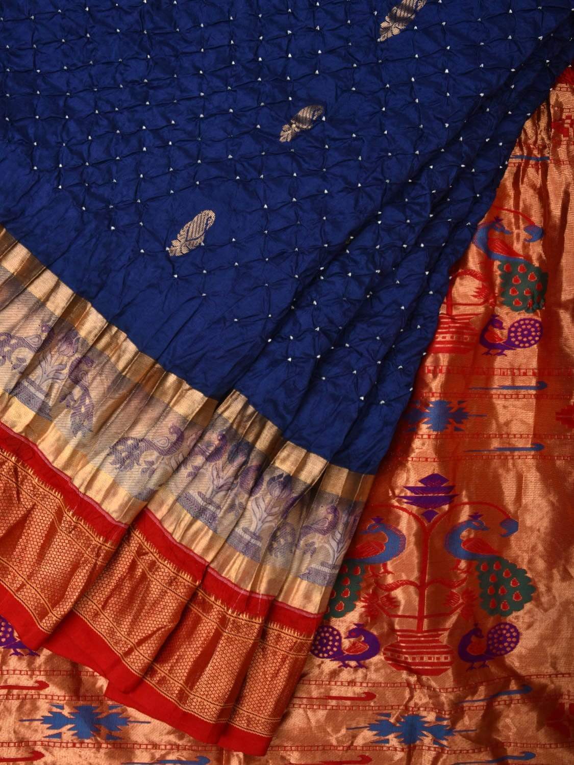 Dark Blue and Red Bandhani Paithani Silk Handloom Saree with Buta Design bn0193