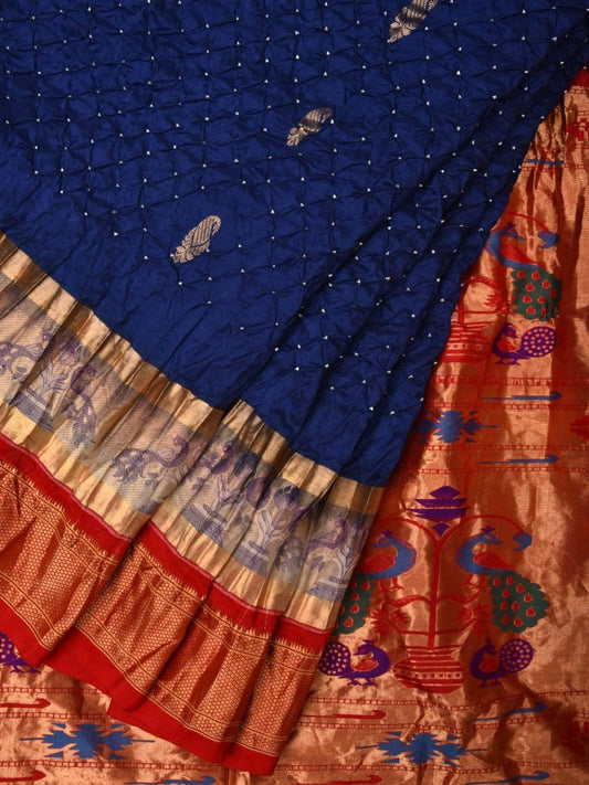 Dark Blue and Red Bandhani Paithani Silk Handloom Saree with Buta Design bn0193