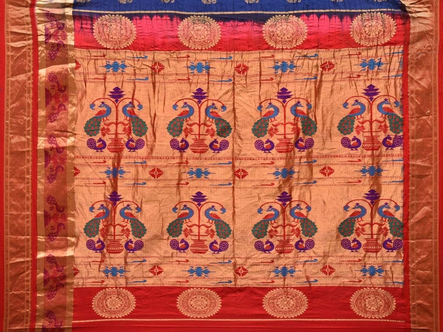 Dark Blue and Red Bandhani Paithani Silk Handloom Saree with Buta Design bn0193