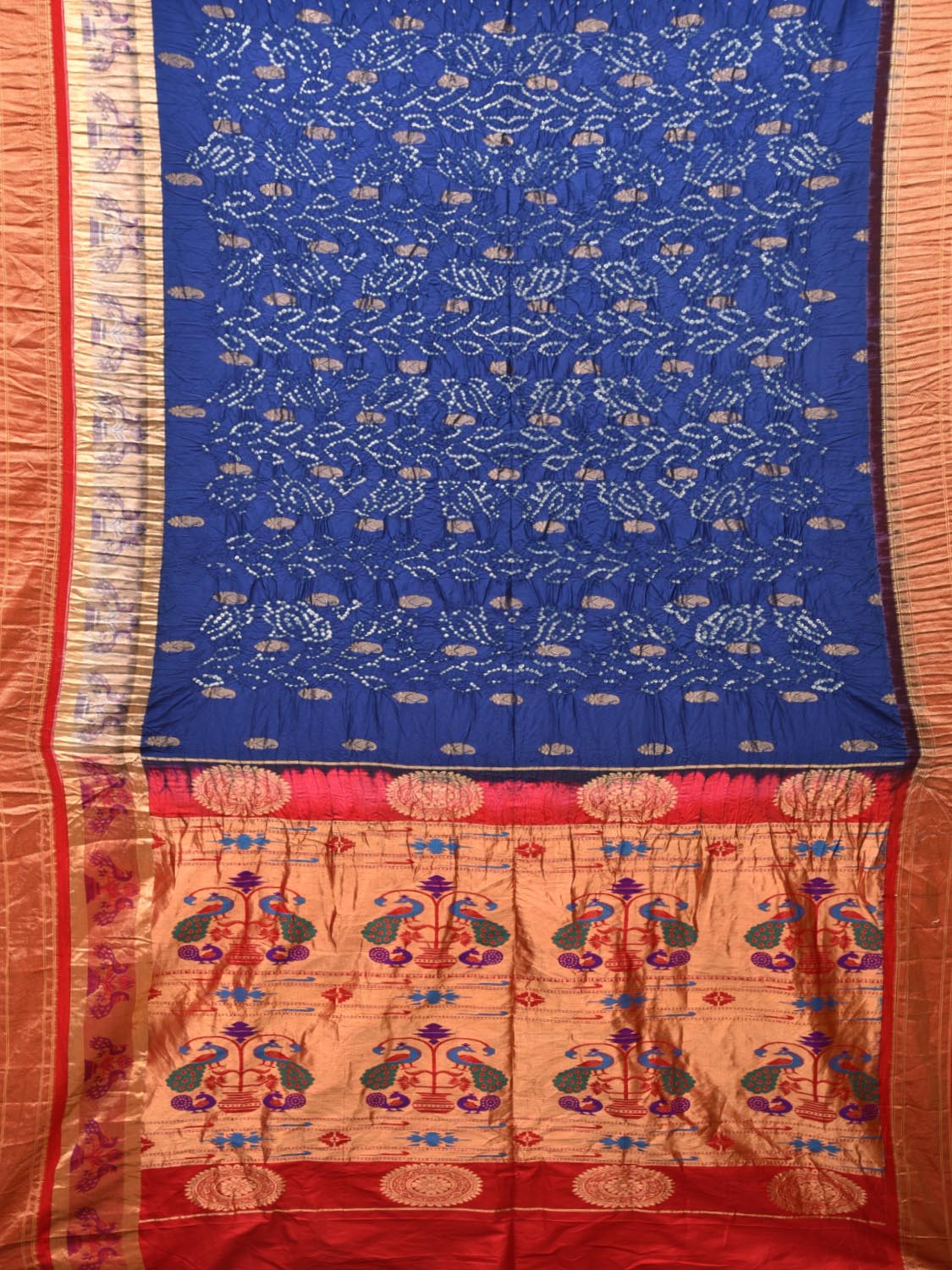 Dark Blue and Red Bandhani Paithani Silk Handloom Saree with Buta Design bn0193