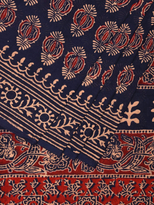 Dark Blue and Red Block Print Cotton Saree with Body Buta and Pallu Design o0541