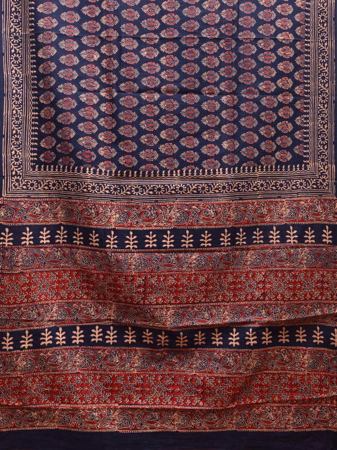 Dark Blue and Red Block Print Cotton Saree with Body Buta and Pallu Design o0541