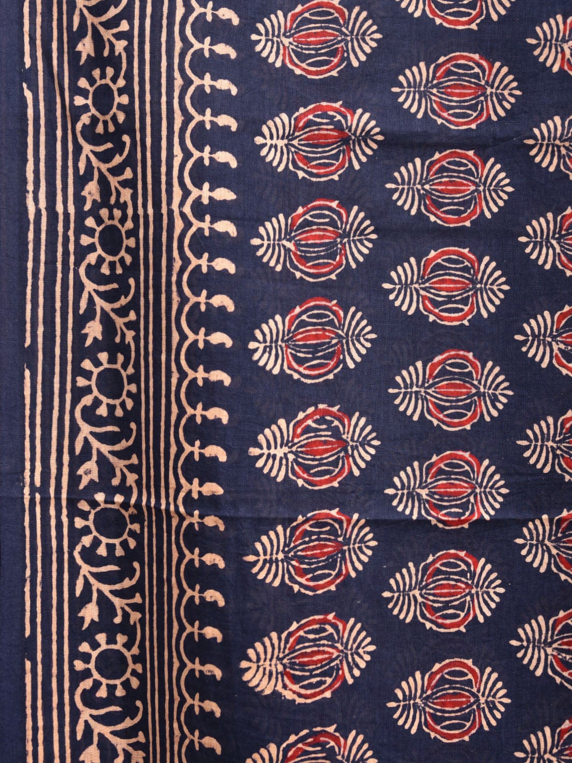 Dark Blue and Red Block Print Cotton Saree with Body Buta and Pallu Design o0541