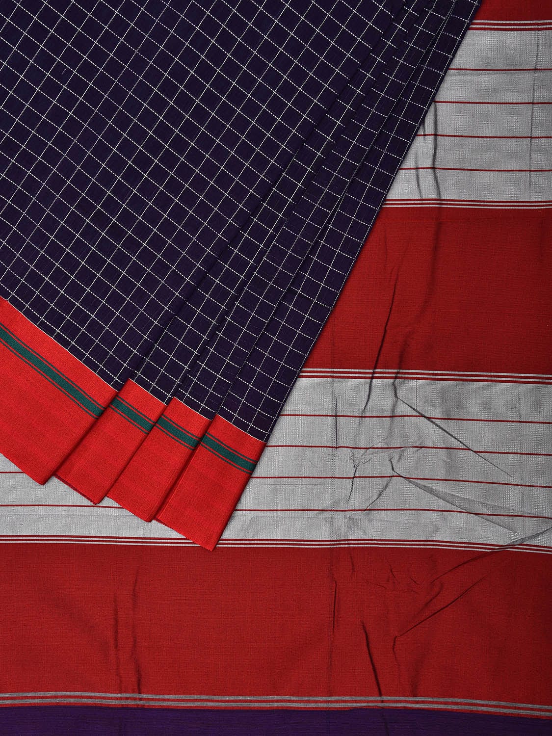 Dark Blue and Red ilkal Cotton Viscose Saree with Checks Design o0528