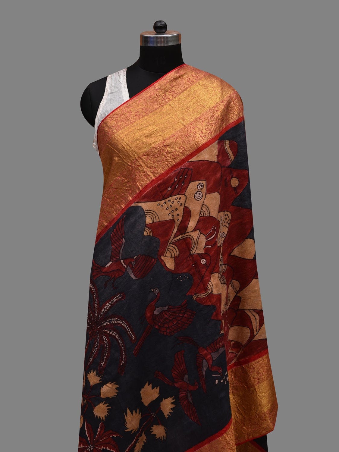 Dark Blue and Red Kalamkari Hand Painted Kanchipuram Silk Handloom Dupatta with Birds, Mountains and Trees Design ds2622