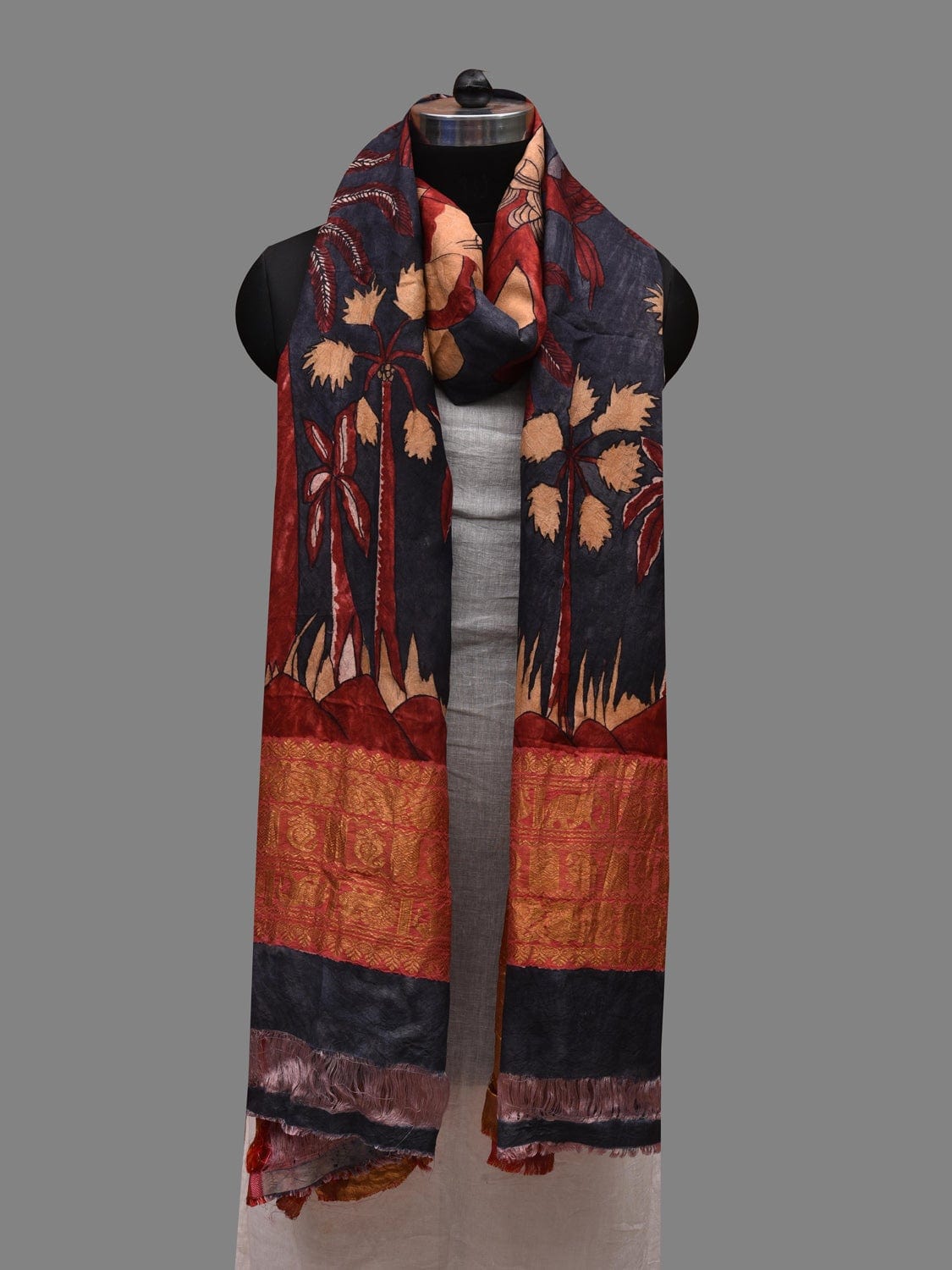 Dark Blue and Red Kalamkari Hand Painted Kanchipuram Silk Handloom Dupatta with Birds, Mountains and Trees Design ds2622