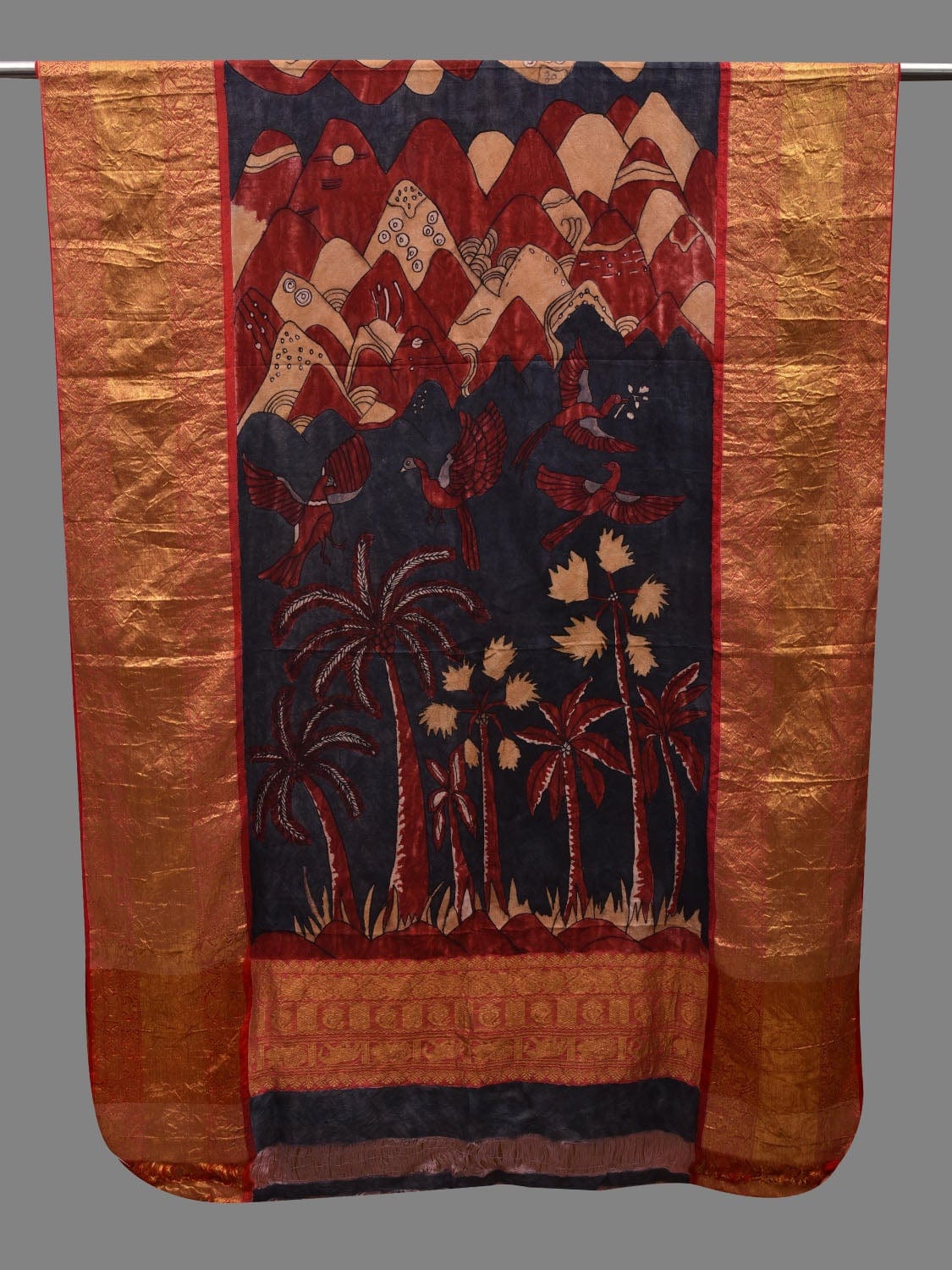 Dark Blue and Red Kalamkari Hand Painted Kanchipuram Silk Handloom Dupatta with Birds, Mountains and Trees Design ds2622