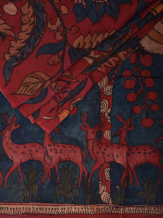 Dark Blue and Red Kalamkari Hand Painted Silk Handloom Saree with Floral and Deers Pallu Design kl0792