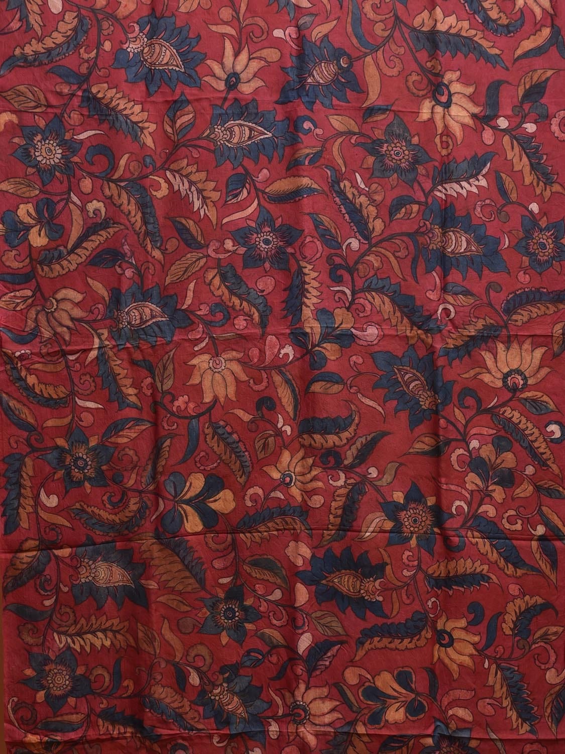 Dark Blue and Red Kalamkari Hand Painted Silk Handloom Saree with Floral and Deers Pallu Design kl0792