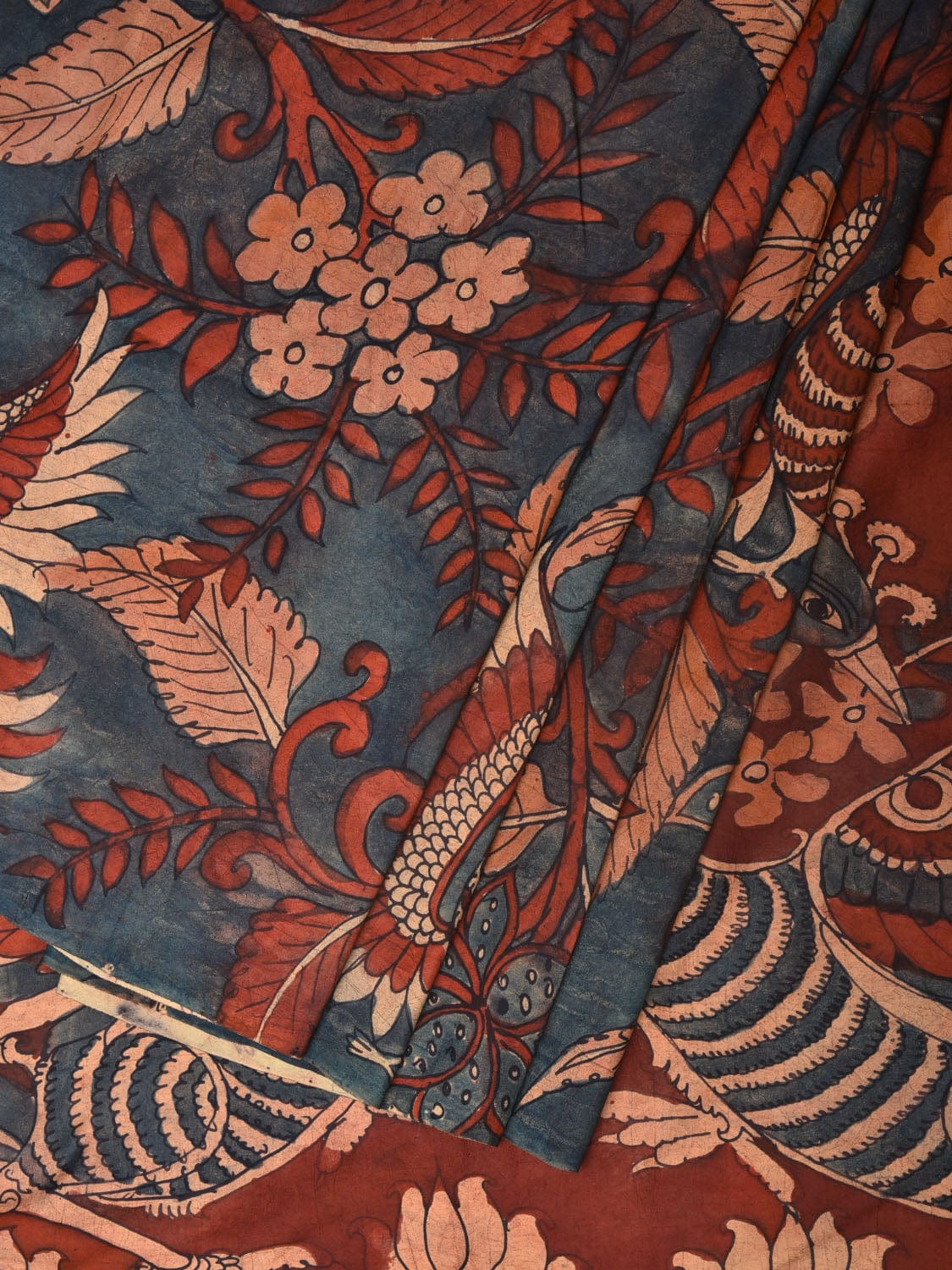Dark Blue and Red Kalamkari Hand Painted Silk Handloom Saree with Floral and Peacocks Pallu Design KL0754