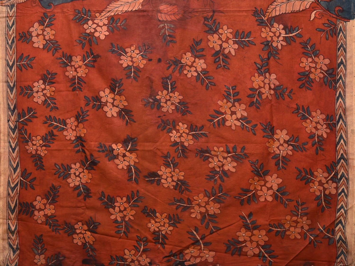 Dark Blue and Red Kalamkari Hand Painted Silk Handloom Saree with Floral and Peacocks Pallu Design KL0754