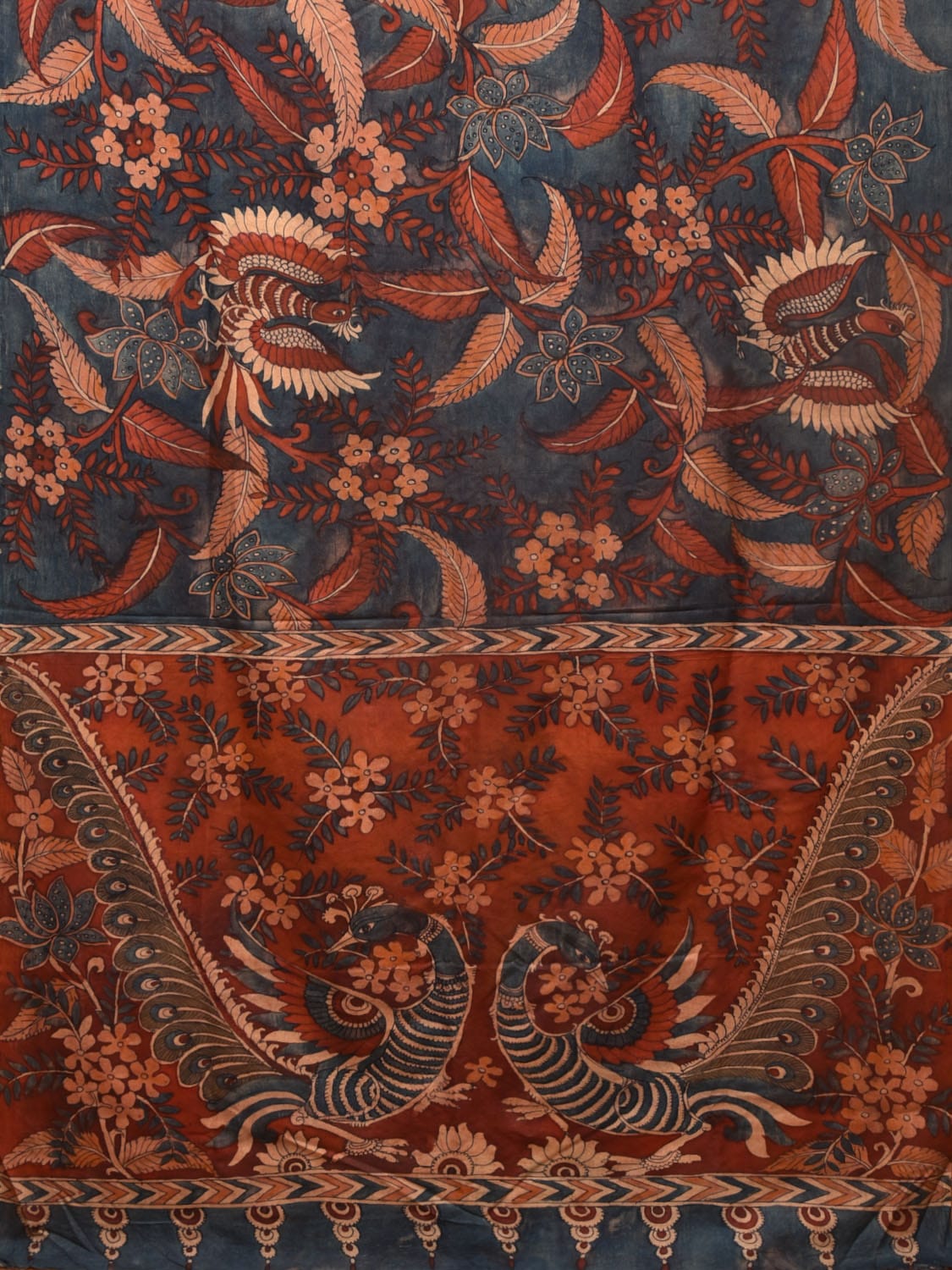 Dark Blue and Red Kalamkari Hand Painted Silk Handloom Saree with Floral and Peacocks Pallu Design KL0754