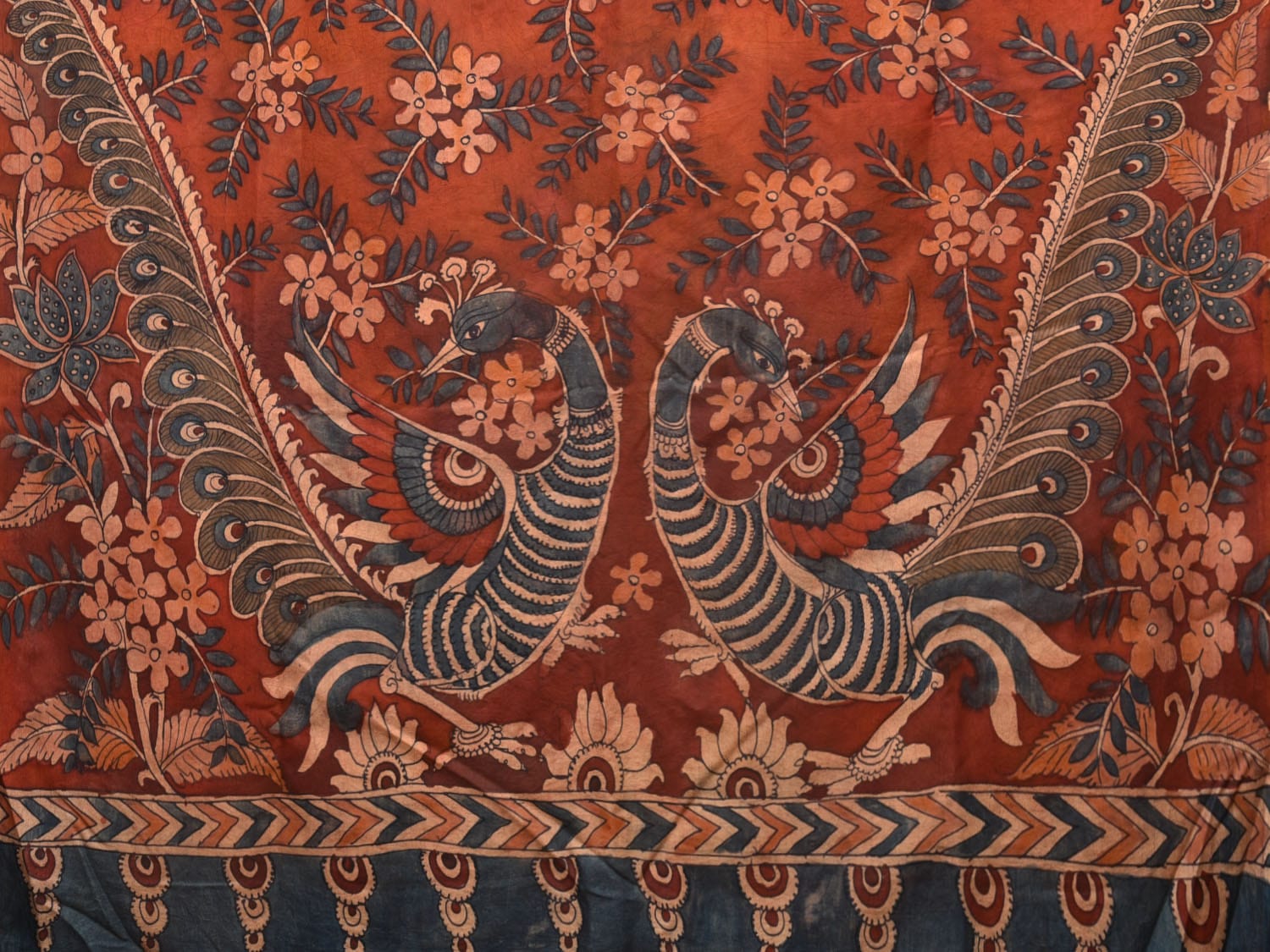 Dark Blue and Red Kalamkari Hand Painted Silk Handloom Saree with Floral and Peacocks Pallu Design KL0754