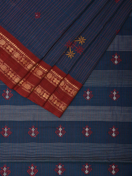 Dark Blue and Red Narayanpet Cotton Handloom Saree with Kasuti Work Design o0579